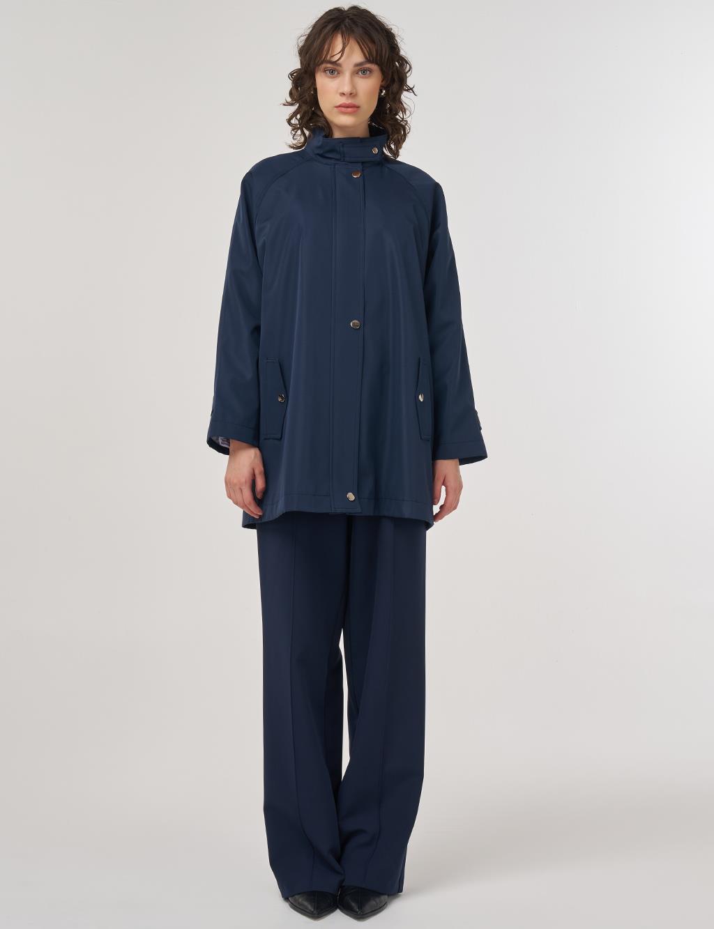 Short High-Neck Trench Coat in Dark Navy