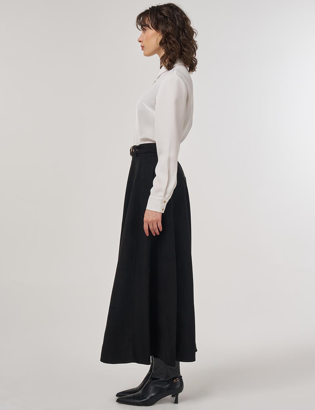 Flared Suede Skirt with Belt in Black