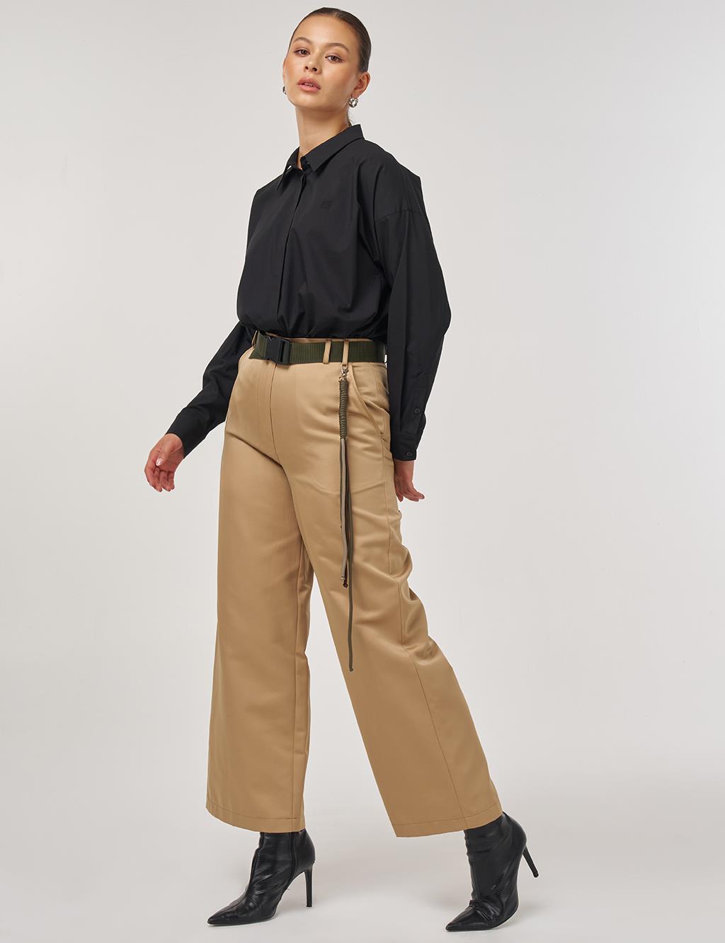 Wide-Leg Trousers with Belt Accessory Detail in Beige