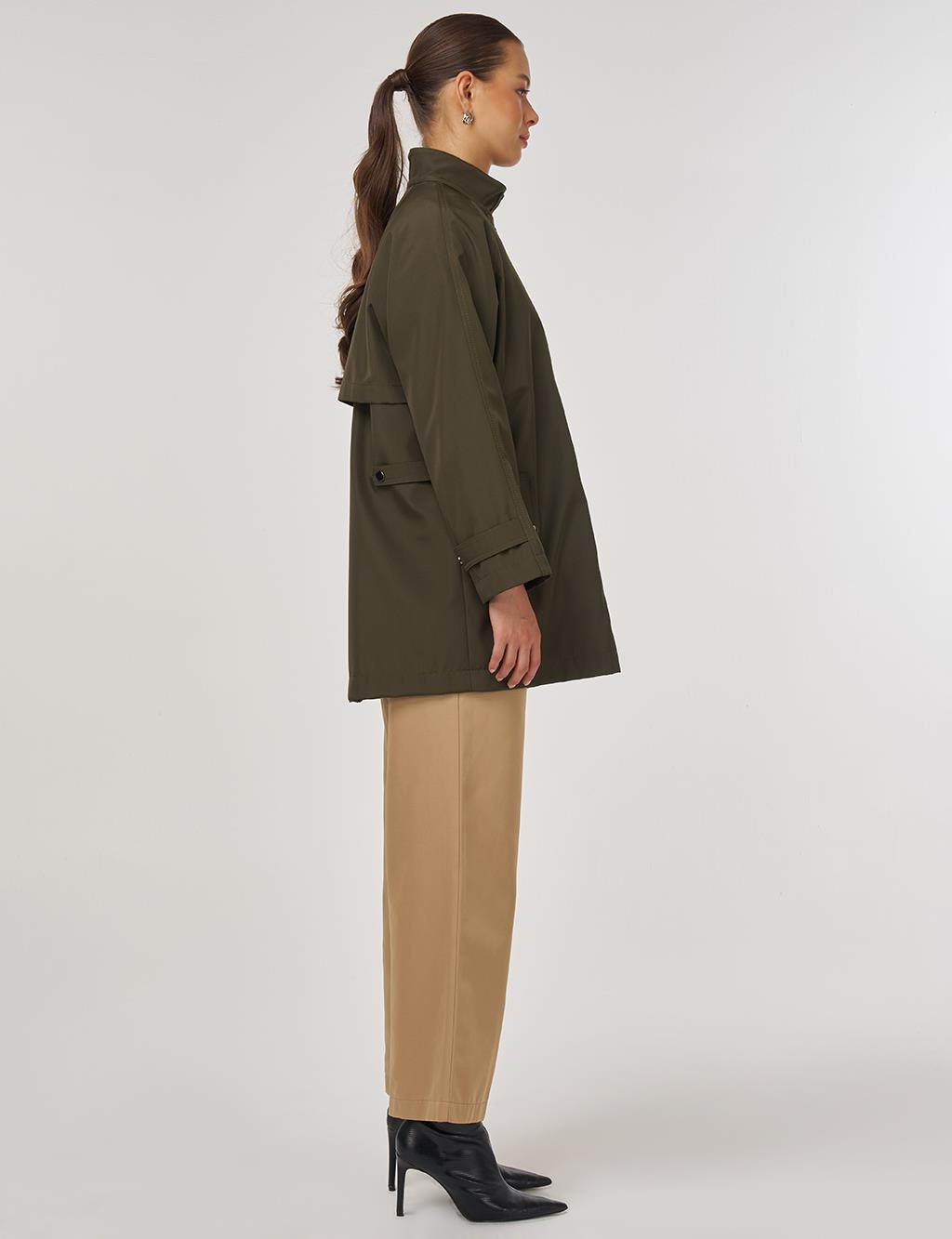 Short High-Neck Trench Coat in Dark Khaki