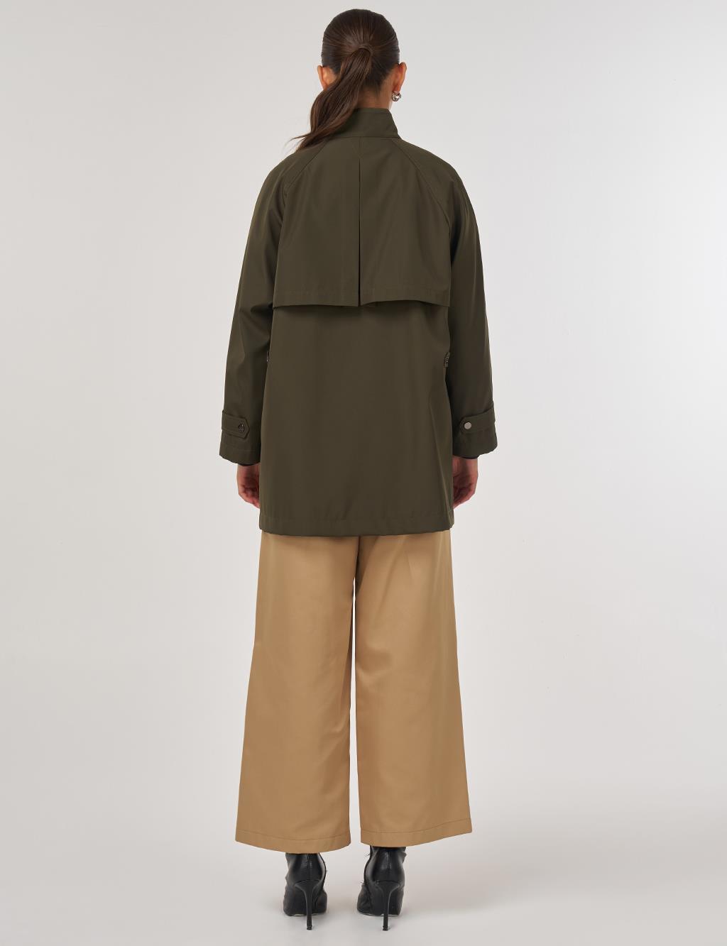 Short High-Neck Trench Coat in Dark Khaki