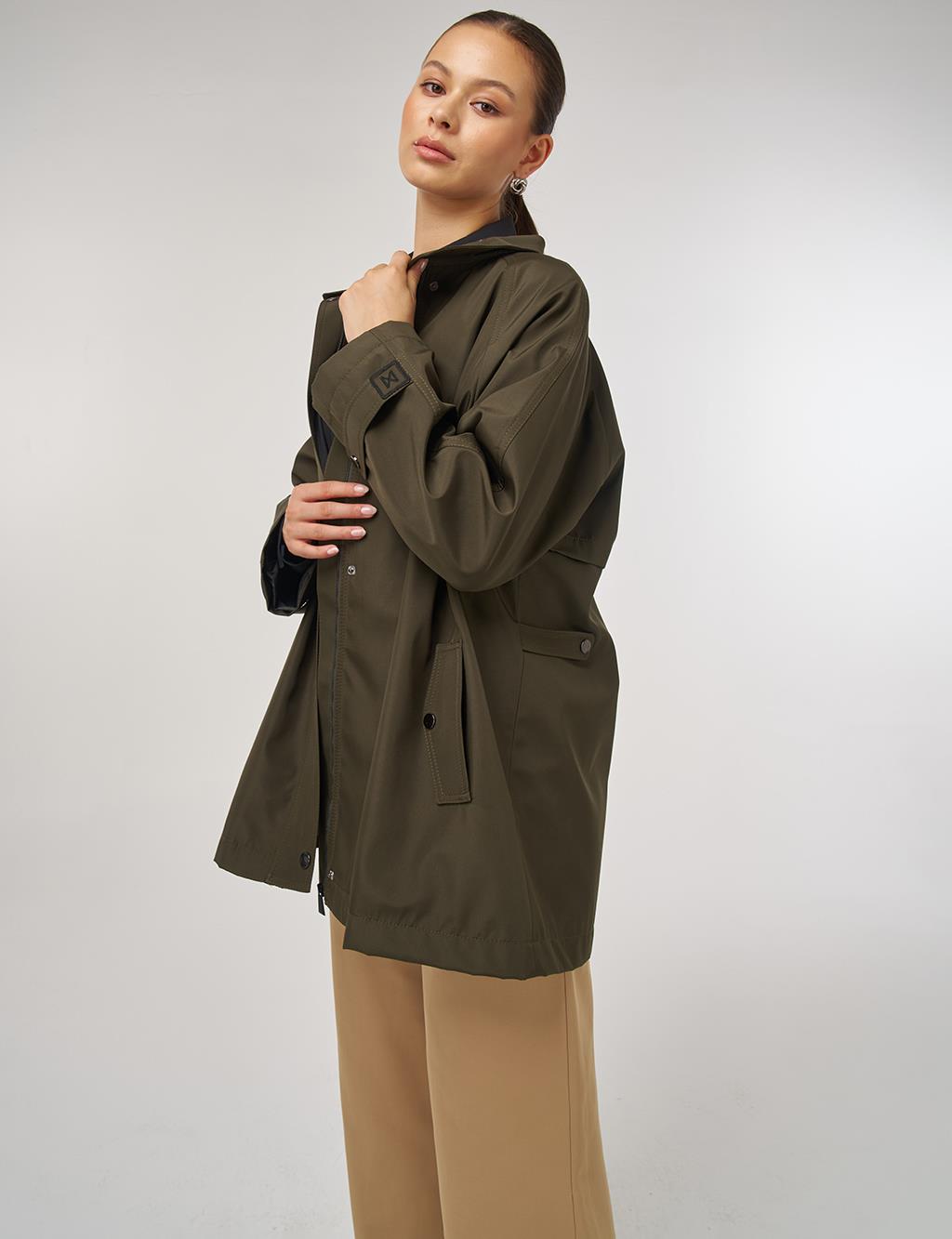 Short High-Neck Trench Coat in Dark Khaki