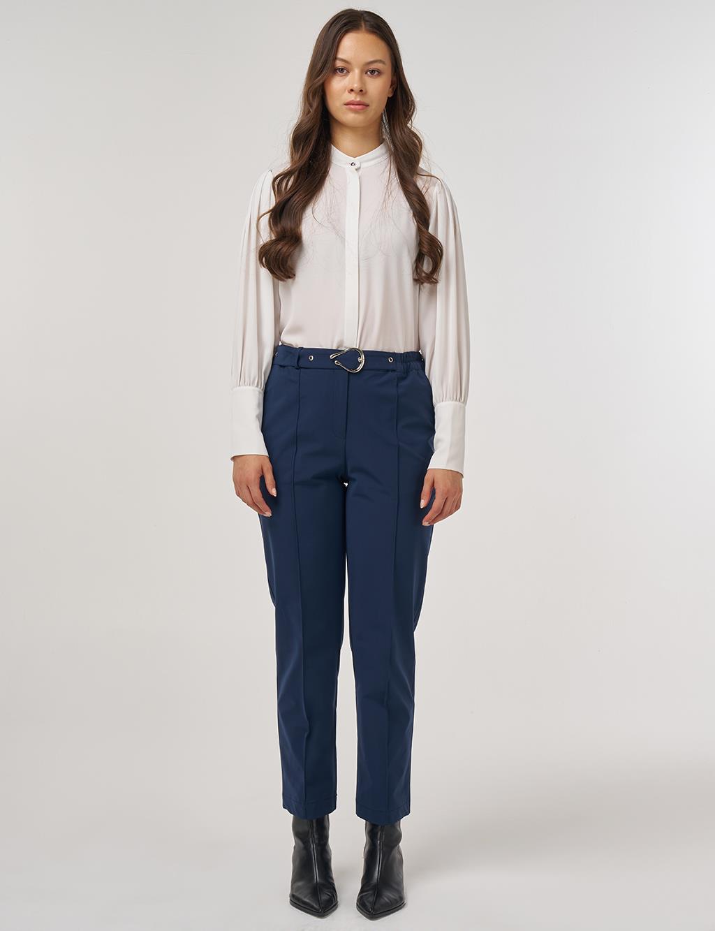Grass-Embroidered Carrot Trousers with Elastic Waist Belt in Dark Navy