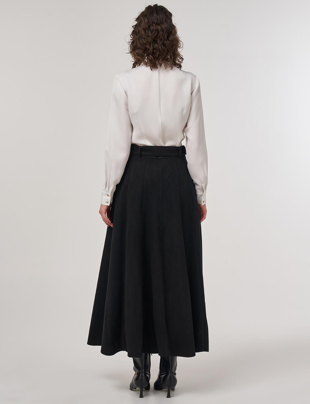 Flared Suede Skirt with Belt in Black