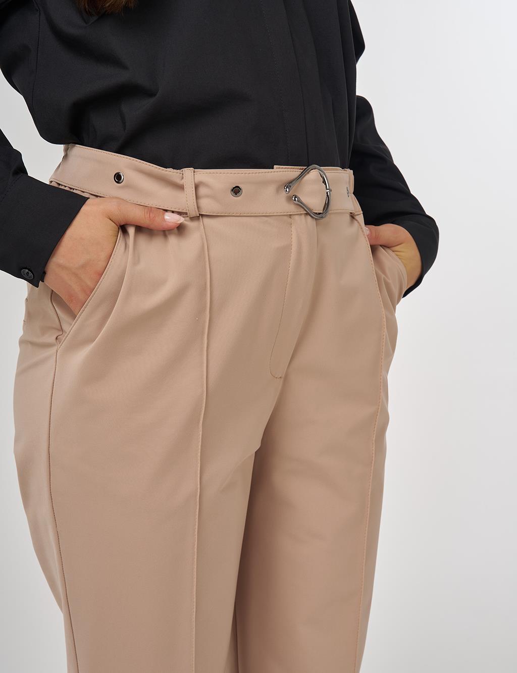 Grass-Embroidered Carrot Trousers with Elastic Waist Belt in Beige