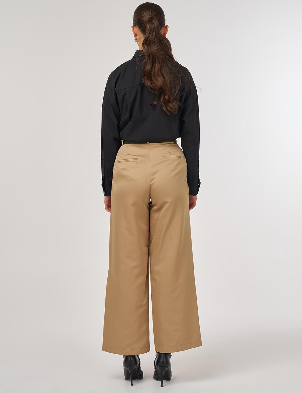 Wide-Leg Trousers with Belt Accessory Detail in Beige