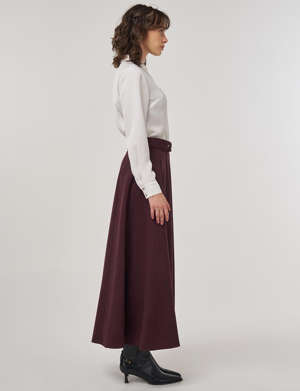 Flared Suede Skirt with Belt in Dark Burgundy