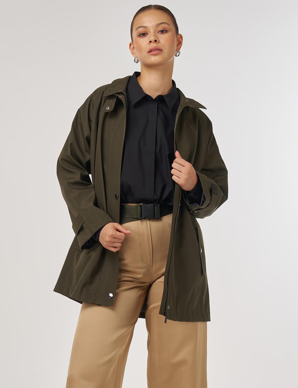Short High-Neck Trench Coat in Dark Khaki