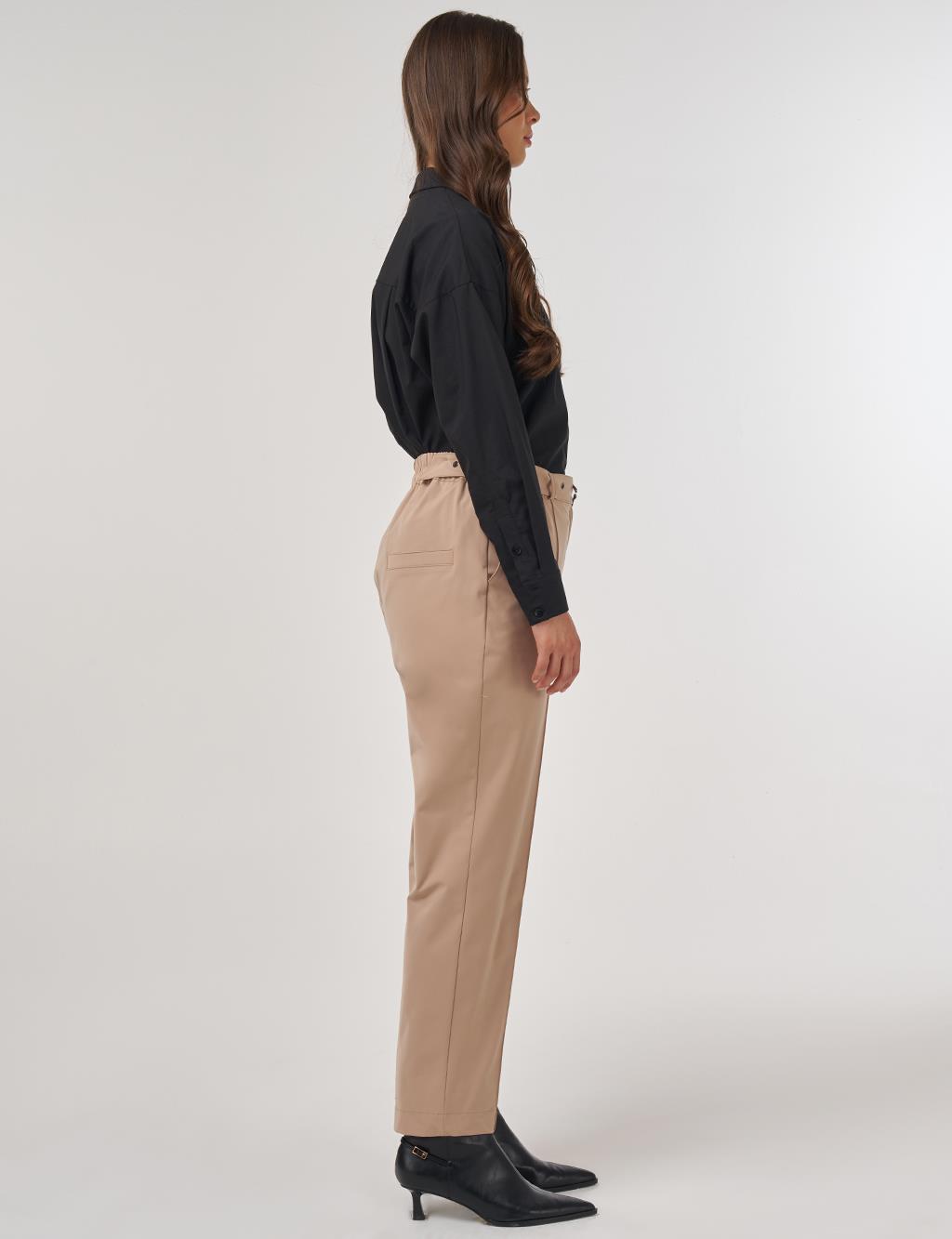 Grass-Embroidered Carrot Trousers with Elastic Waist Belt in Beige