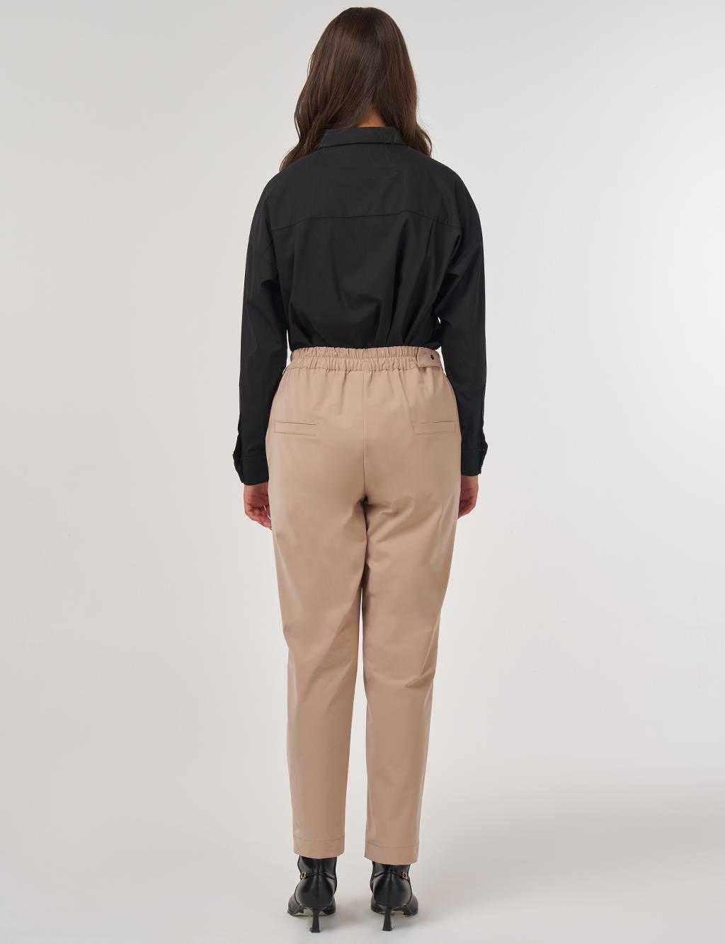 Grass-Embroidered Carrot Trousers with Elastic Waist Belt in Beige