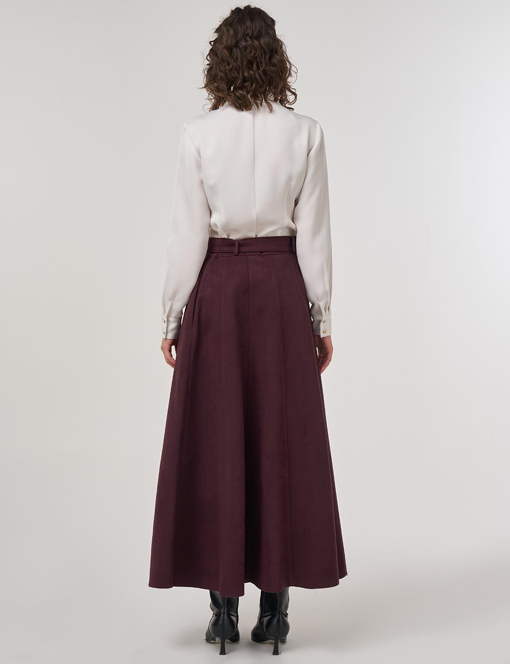 Flared Suede Skirt with Belt in Dark Burgundy
