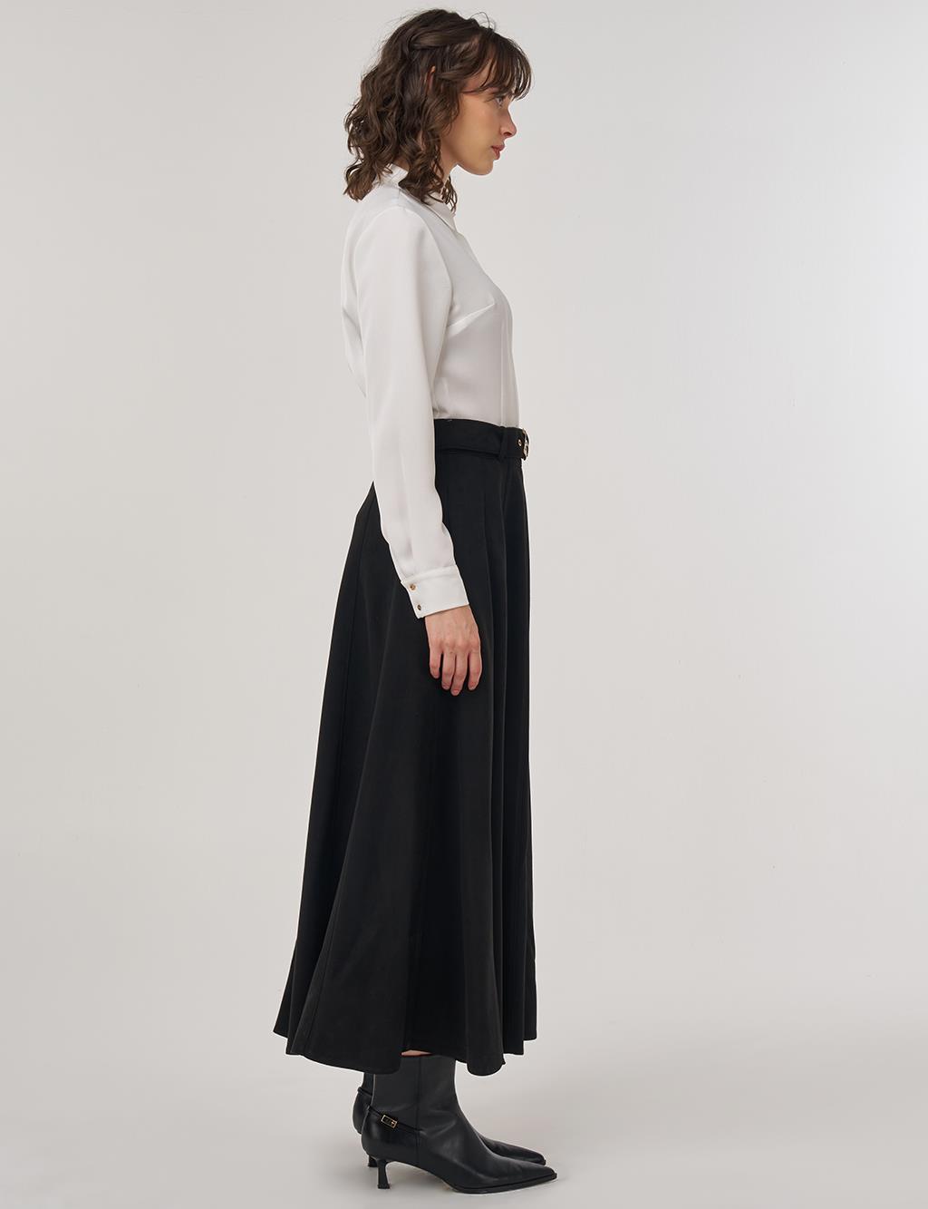 Flared Suede Skirt with Belt in Black