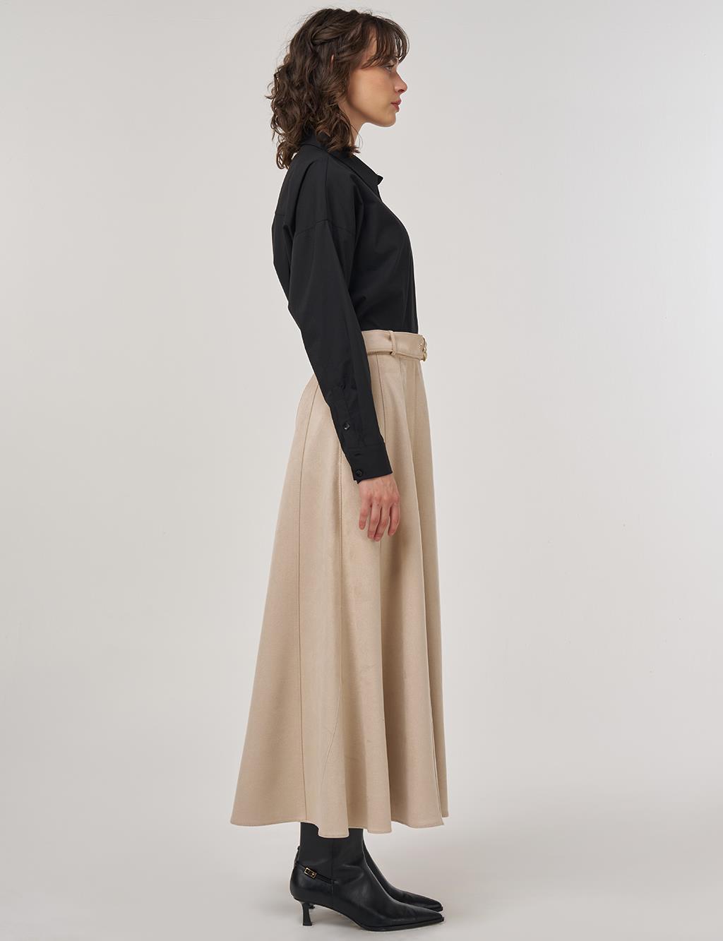 Flared Suede Skirt with Belt in Cream