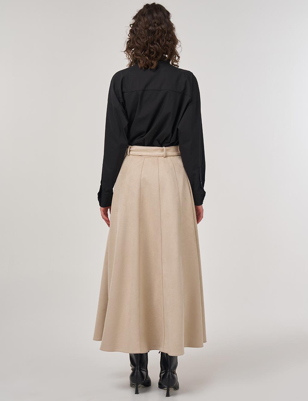 Flared Suede Skirt with Belt in Cream