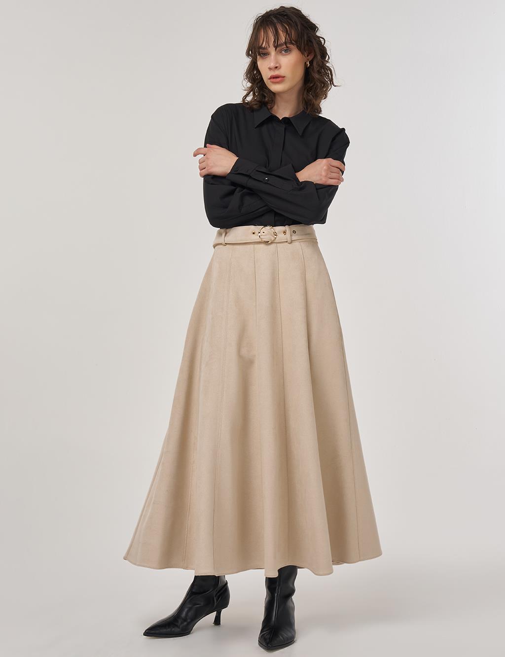 Flared Suede Skirt with Belt in Cream