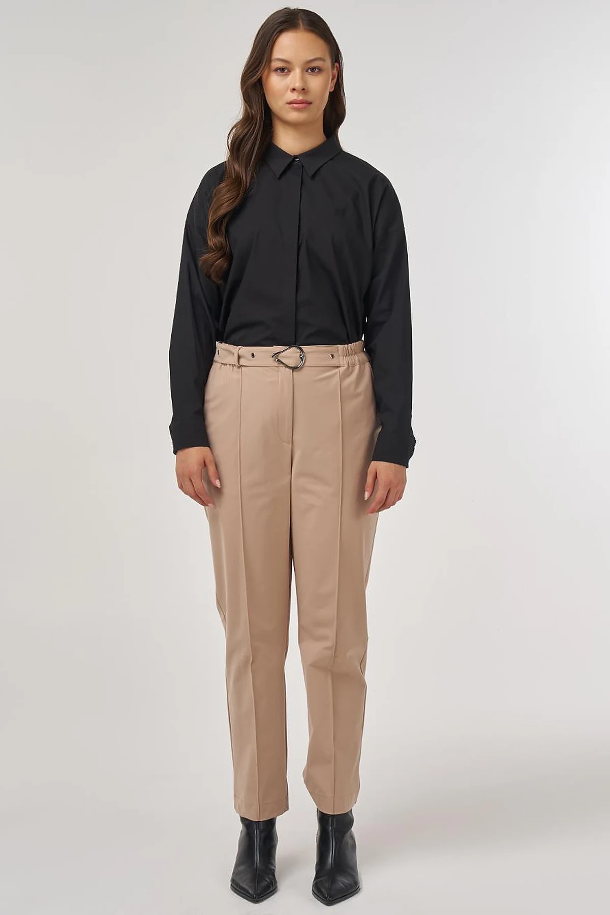 Grass-Embroidered Carrot Trousers with Elastic Waist Belt in Beige
