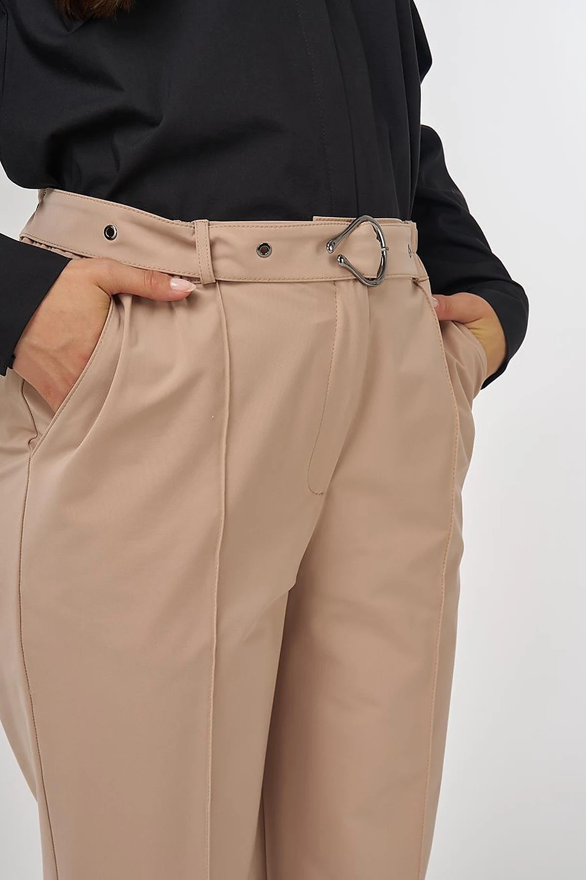 Grass-Embroidered Carrot Trousers with Elastic Waist Belt in Beige