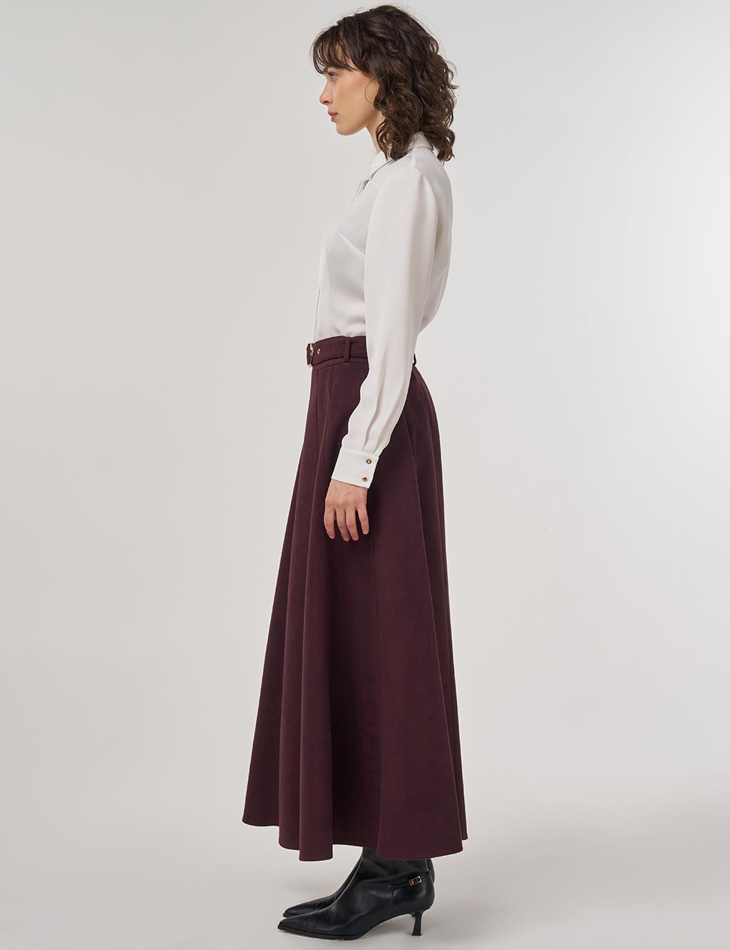 Flared Suede Skirt with Belt in Dark Burgundy