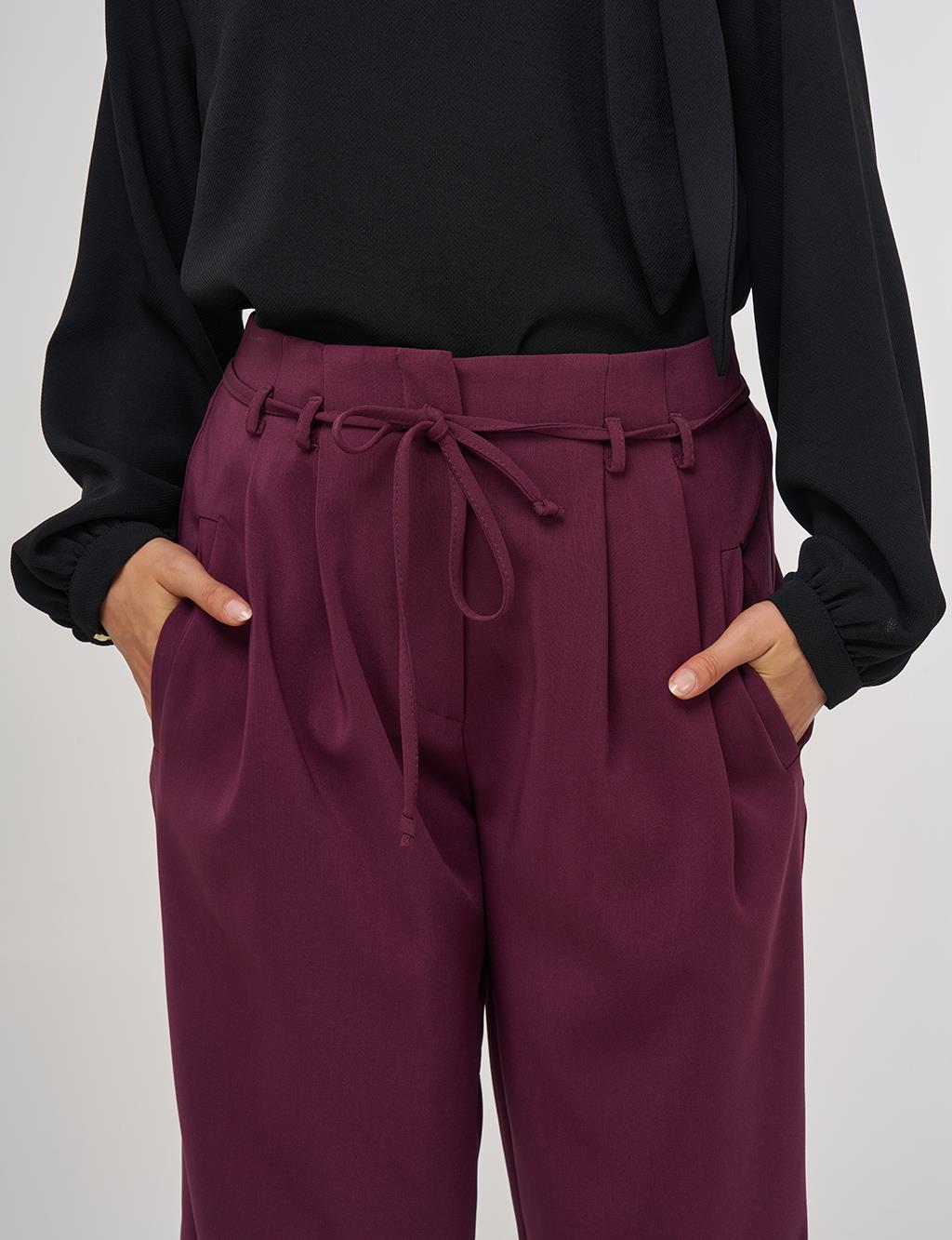 Pleated Lace-Up Belted Pipe-Leg Trousers in Fig