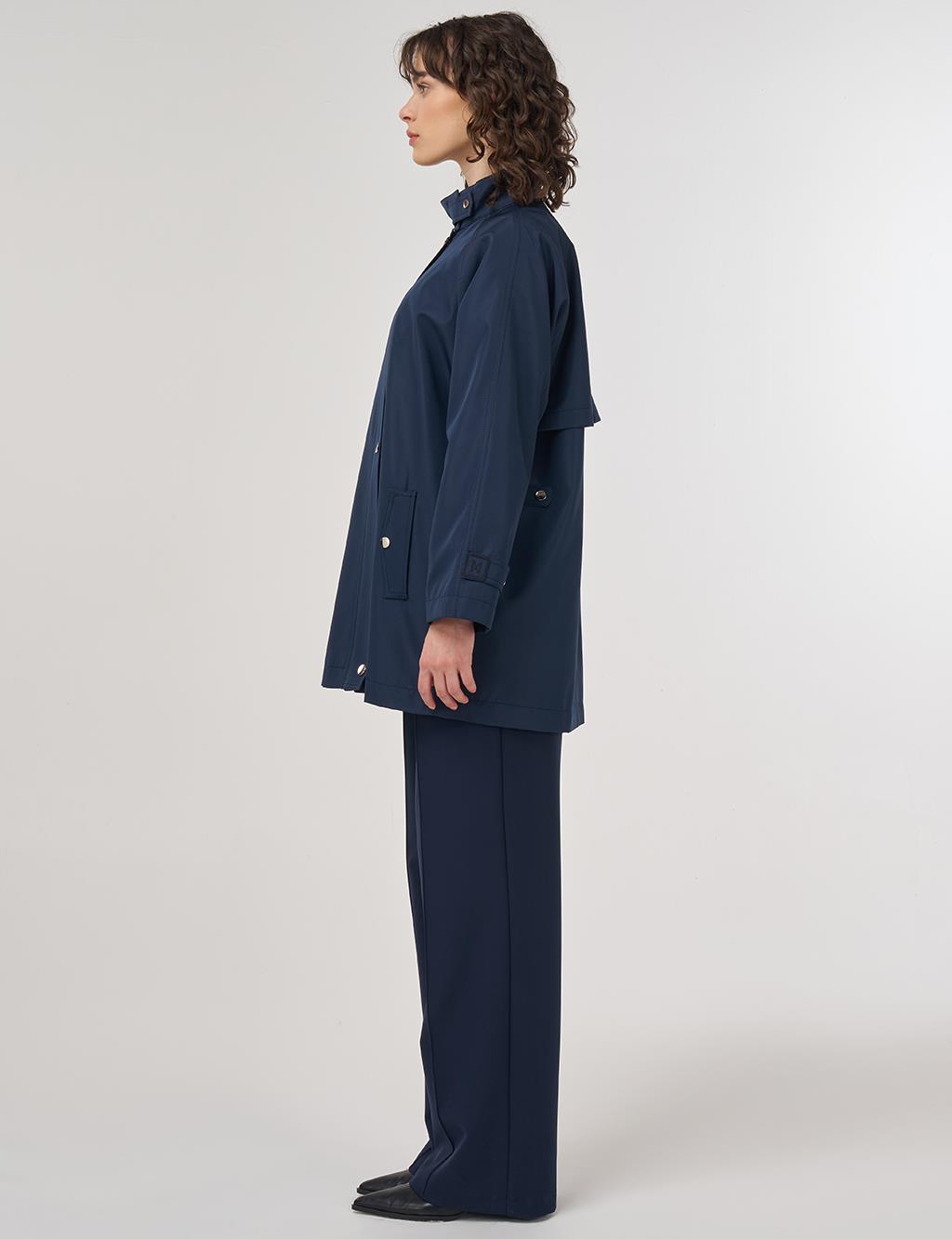 Short High-Neck Trench Coat in Dark Navy