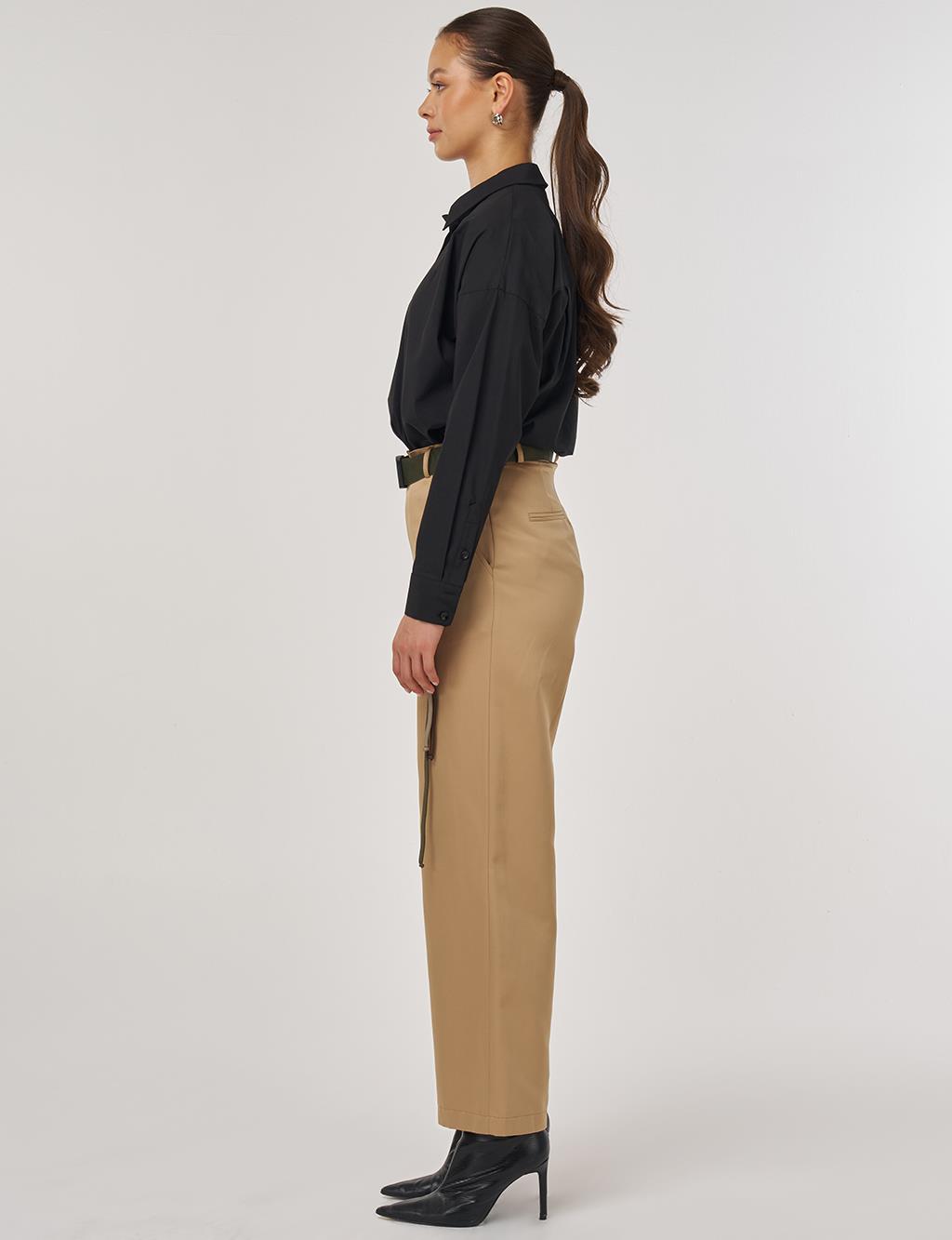 Wide-Leg Trousers with Belt Accessory Detail in Beige