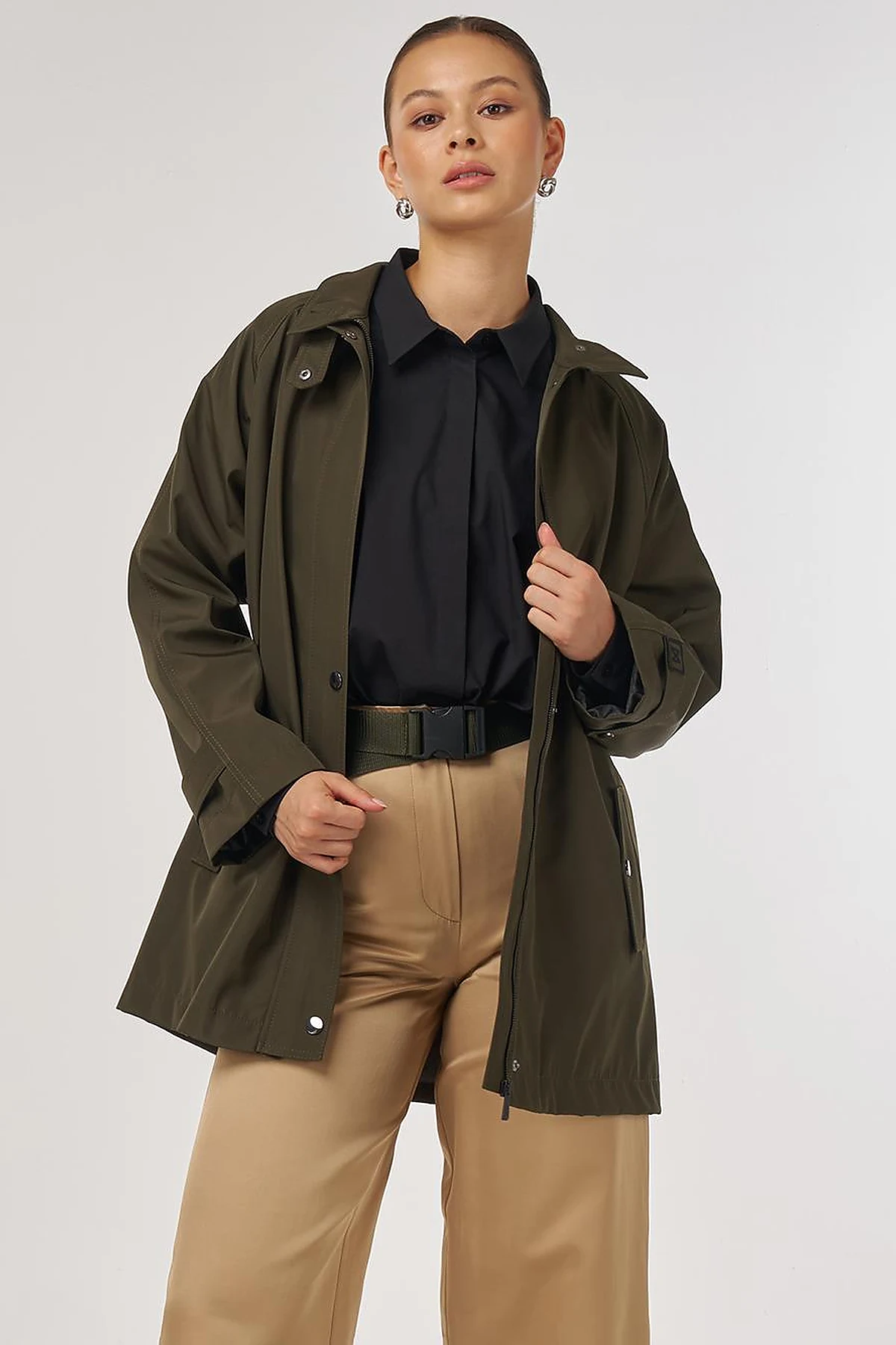 Short High-Neck Trench Coat in Dark Khaki