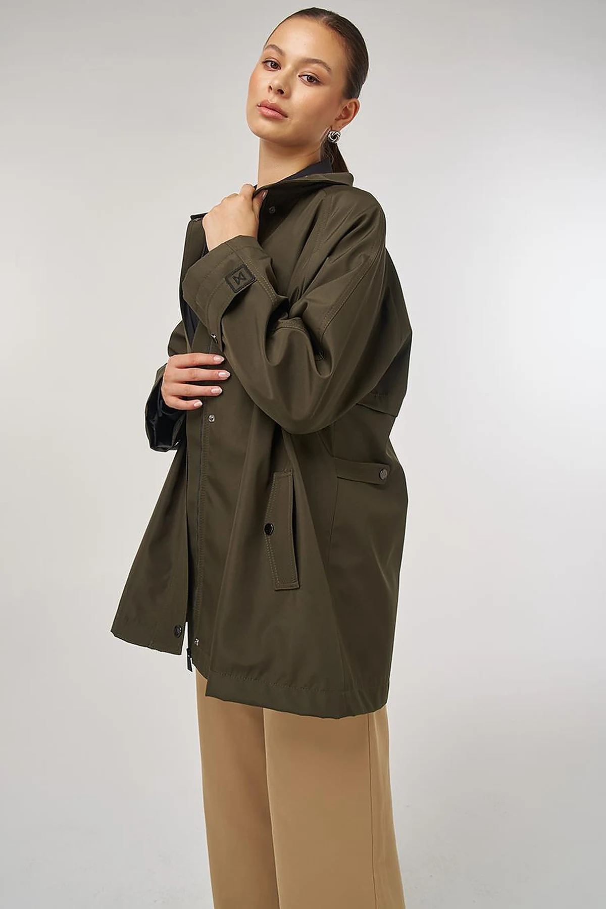 Short High-Neck Trench Coat in Dark Khaki