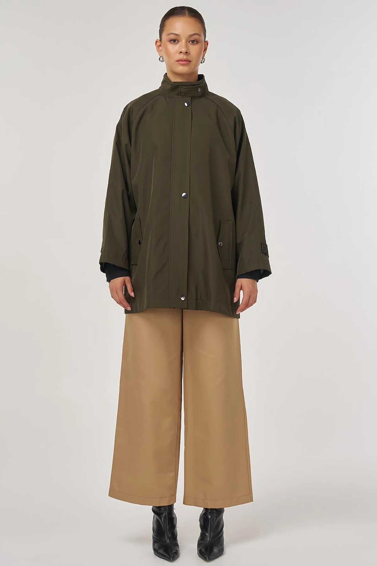 Short High-Neck Trench Coat in Dark Khaki