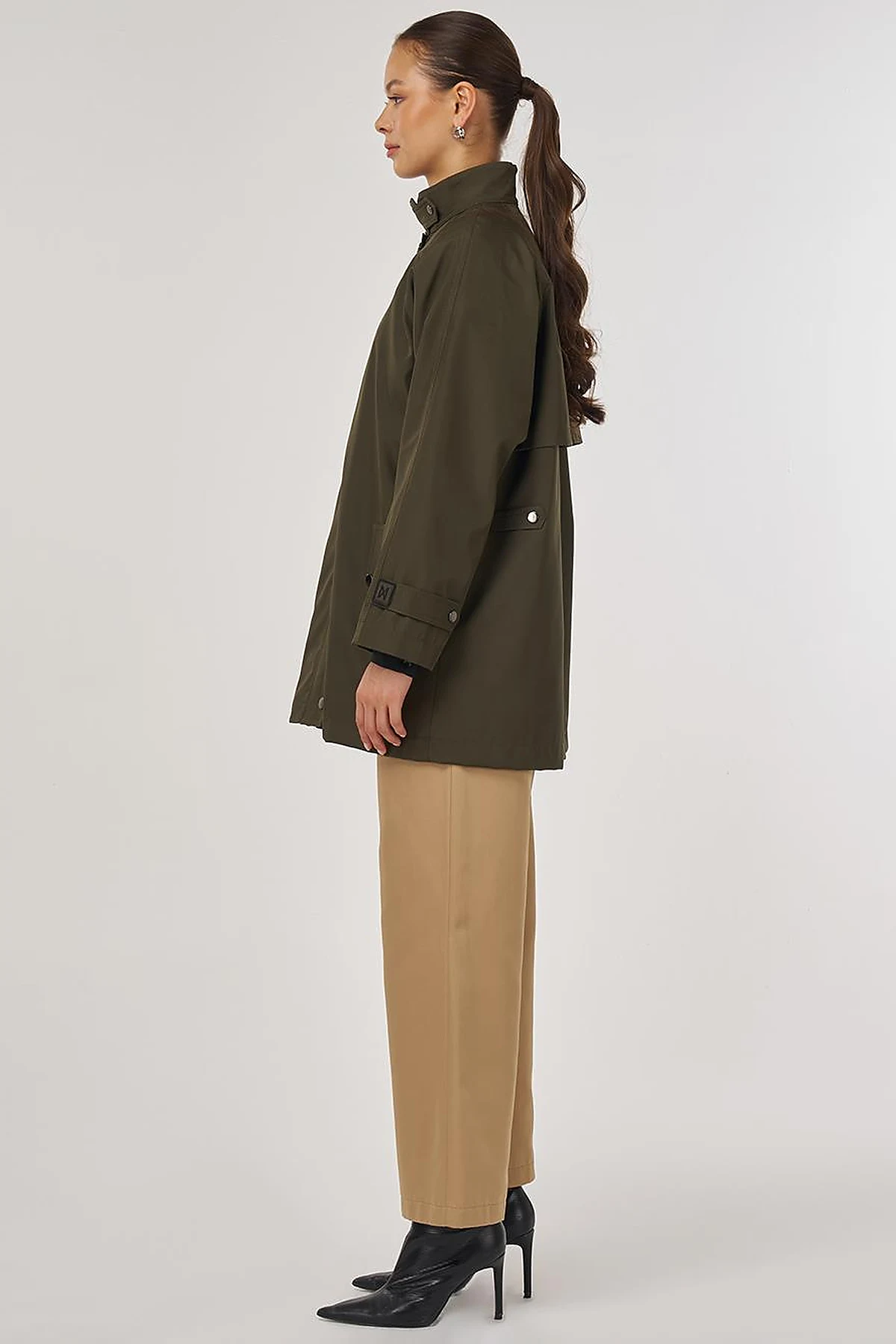 Short High-Neck Trench Coat in Dark Khaki