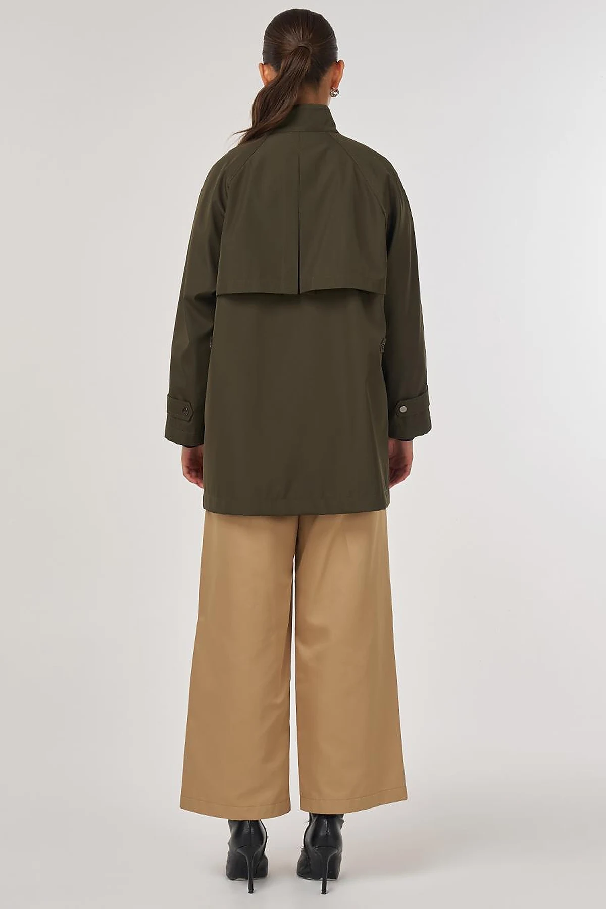 Short High-Neck Trench Coat in Dark Khaki
