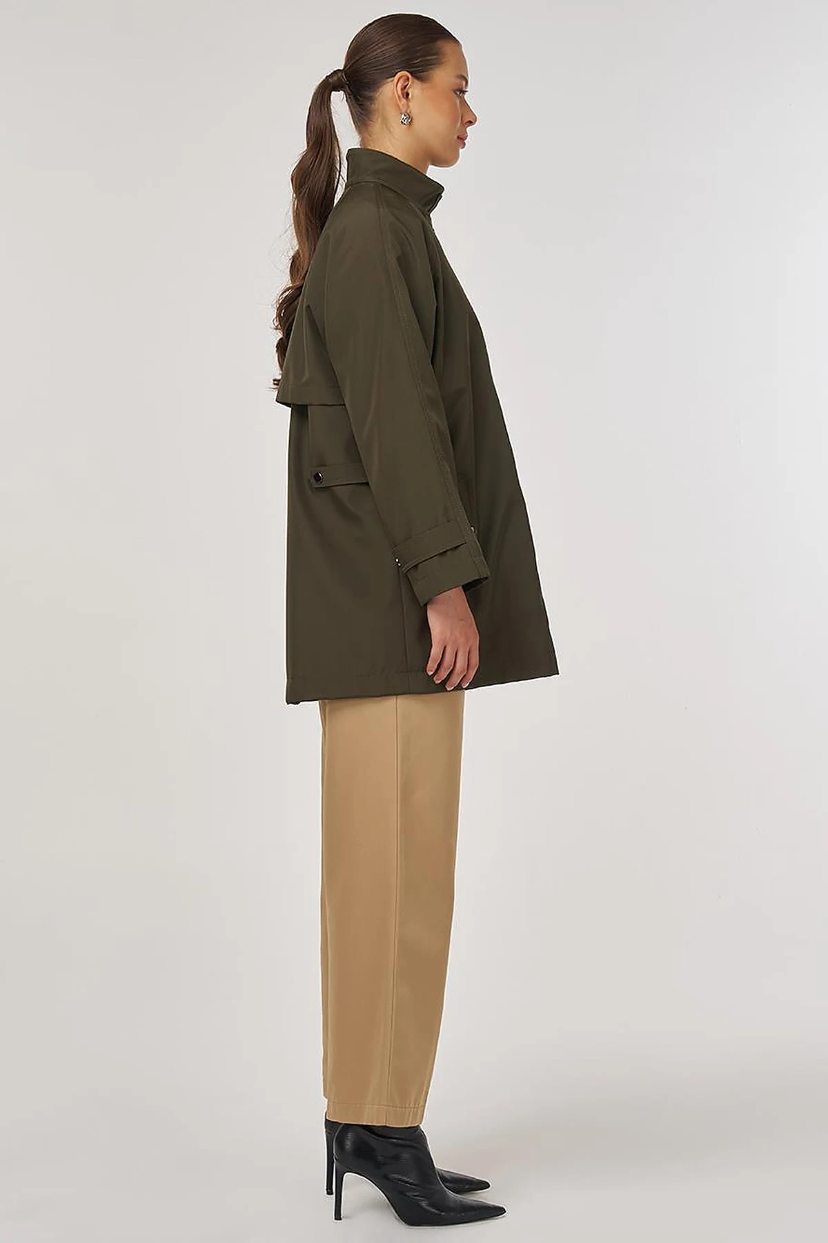 Short High-Neck Trench Coat in Dark Khaki