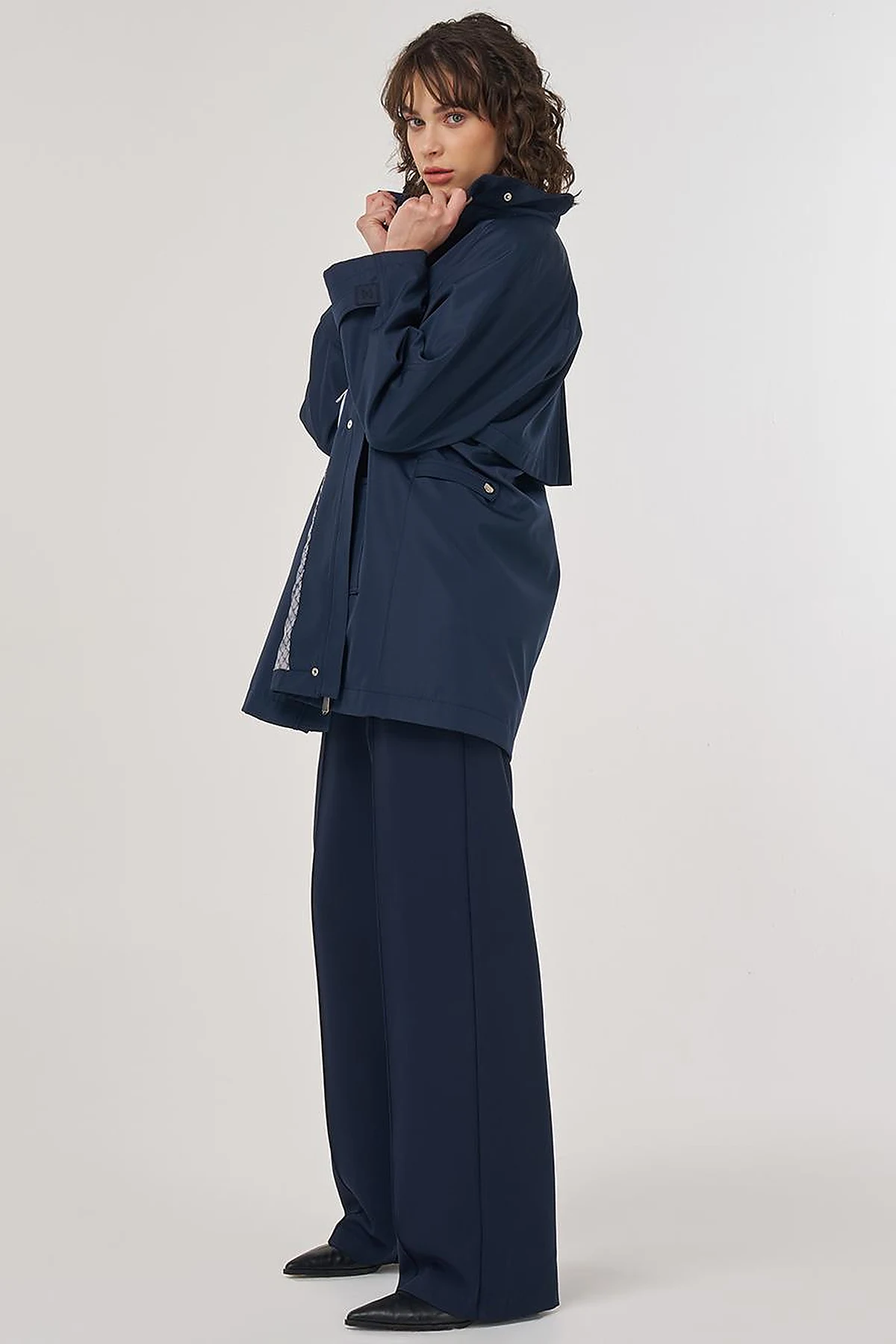 Short High-Neck Trench Coat in Dark Navy