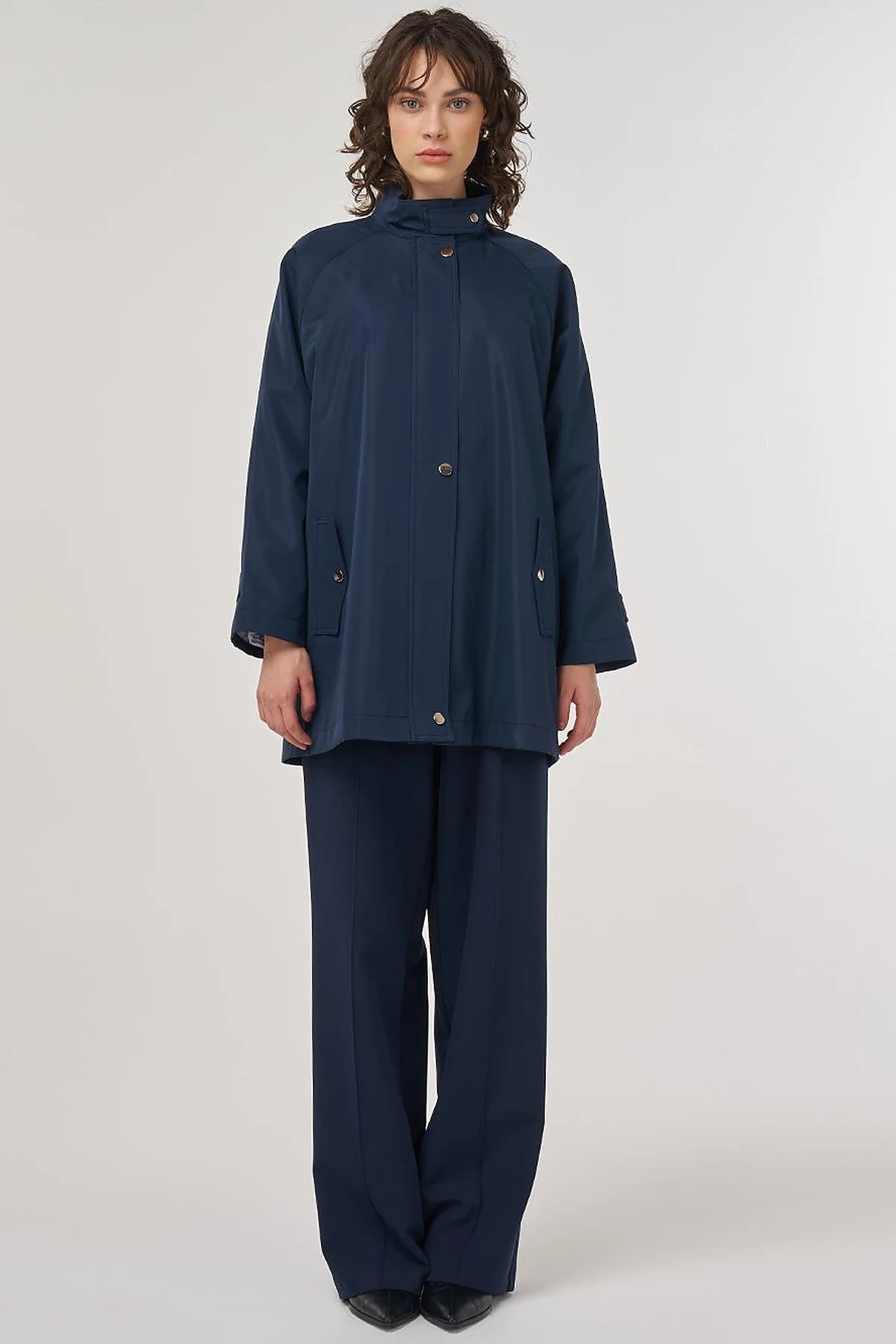 Short High-Neck Trench Coat in Dark Navy