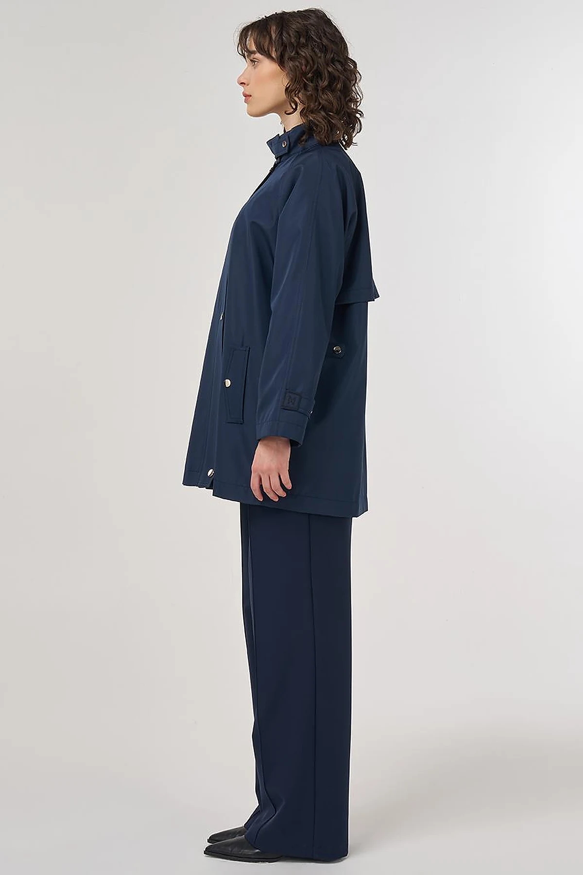 Short High-Neck Trench Coat in Dark Navy