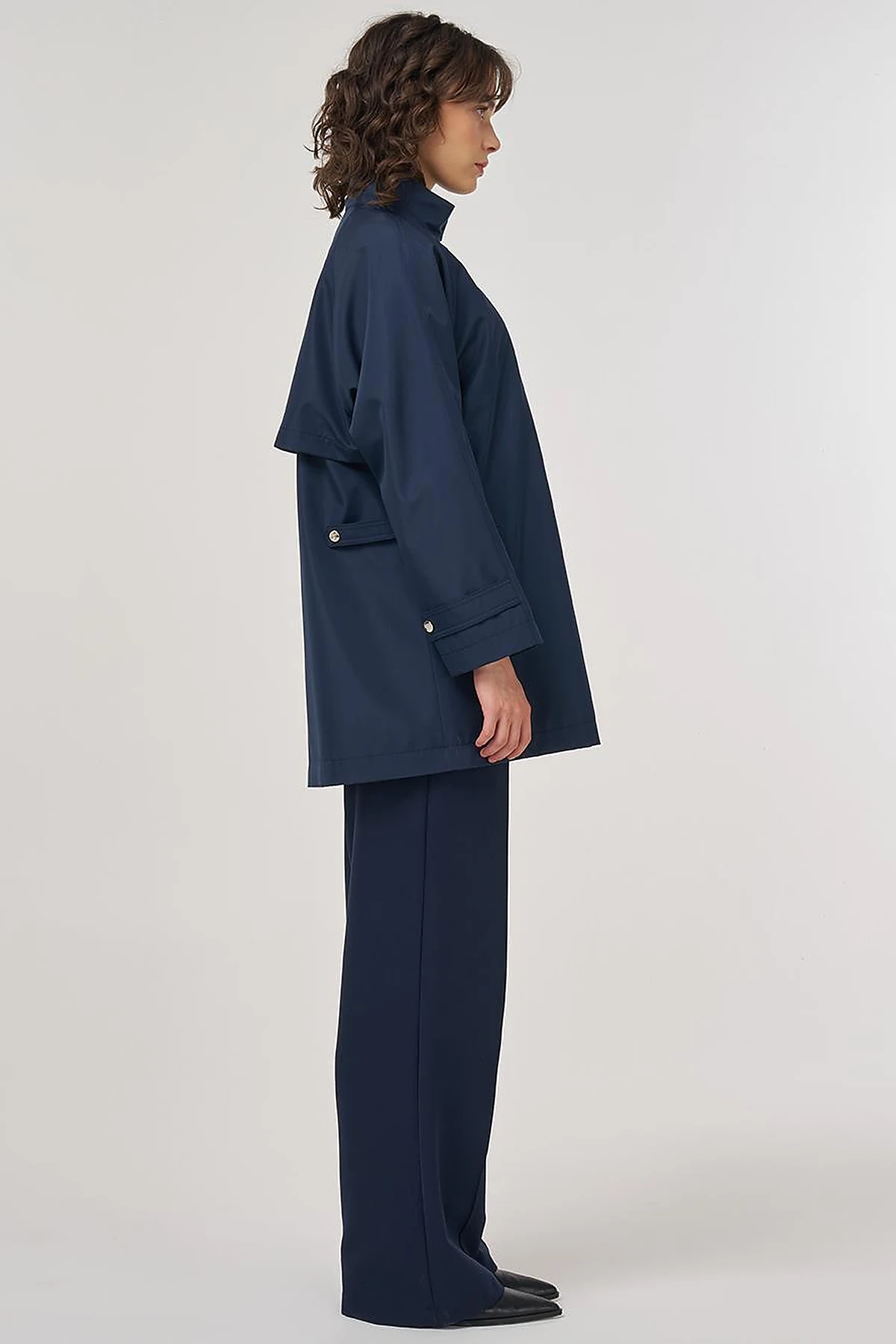 Short High-Neck Trench Coat in Dark Navy