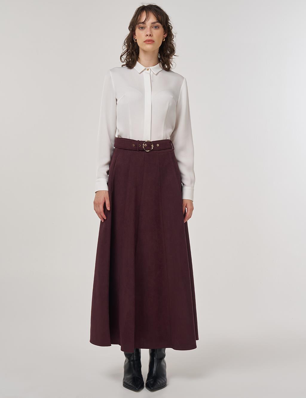 Flared Suede Skirt with Belt in Dark Burgundy