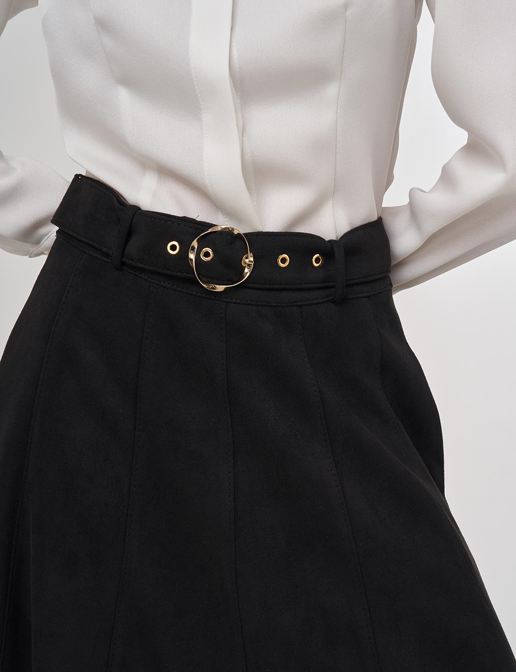 Flared Suede Skirt with Belt in Black