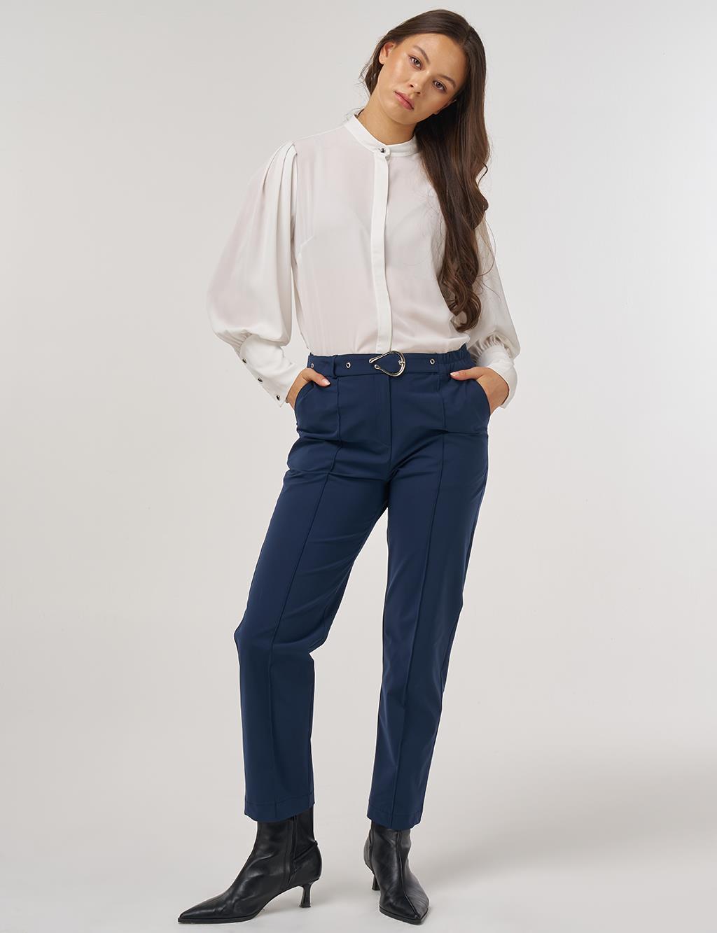 Grass-Embroidered Carrot Trousers with Elastic Waist Belt in Dark Navy