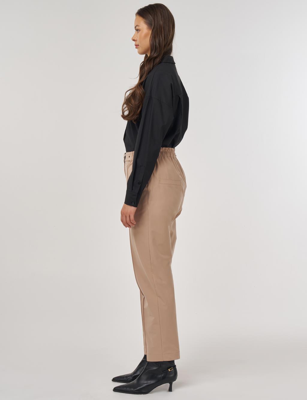 Grass-Embroidered Carrot Trousers with Elastic Waist Belt in Beige