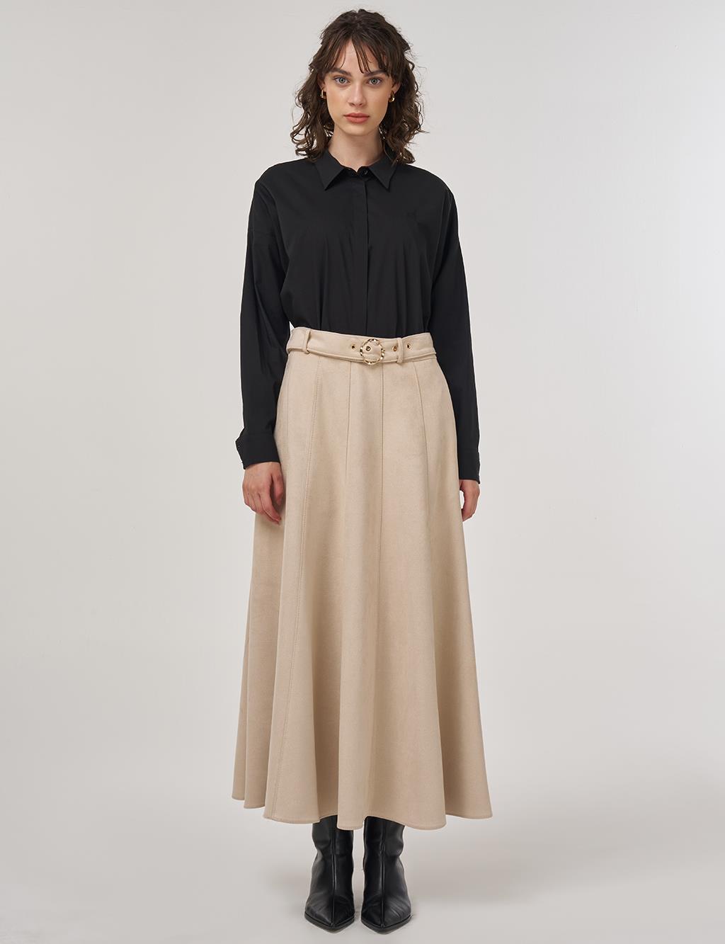 Flared Suede Skirt with Belt in Cream