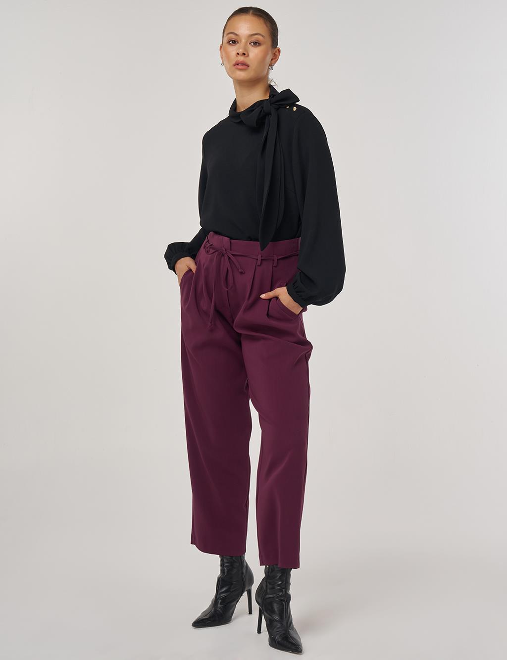 Pleated Lace-Up Belted Pipe-Leg Trousers in Fig