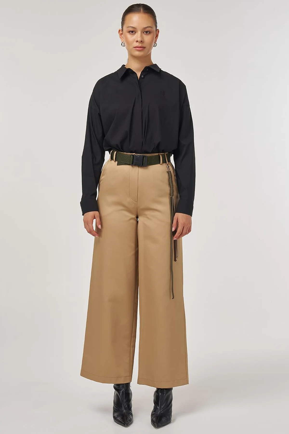 Wide-Leg Trousers with Belt Accessory Detail in Beige