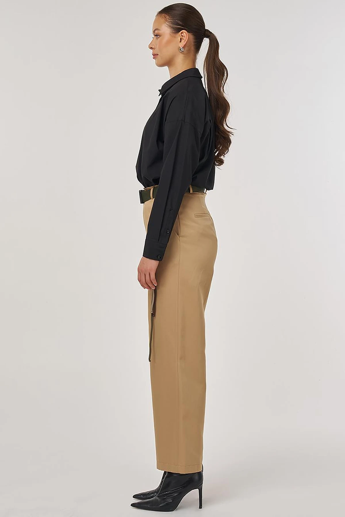 Wide-Leg Trousers with Belt Accessory Detail in Beige