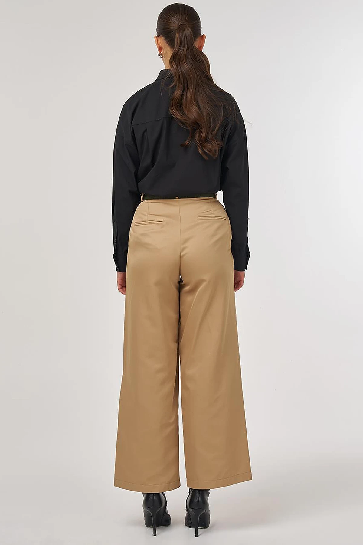 Wide-Leg Trousers with Belt Accessory Detail in Beige