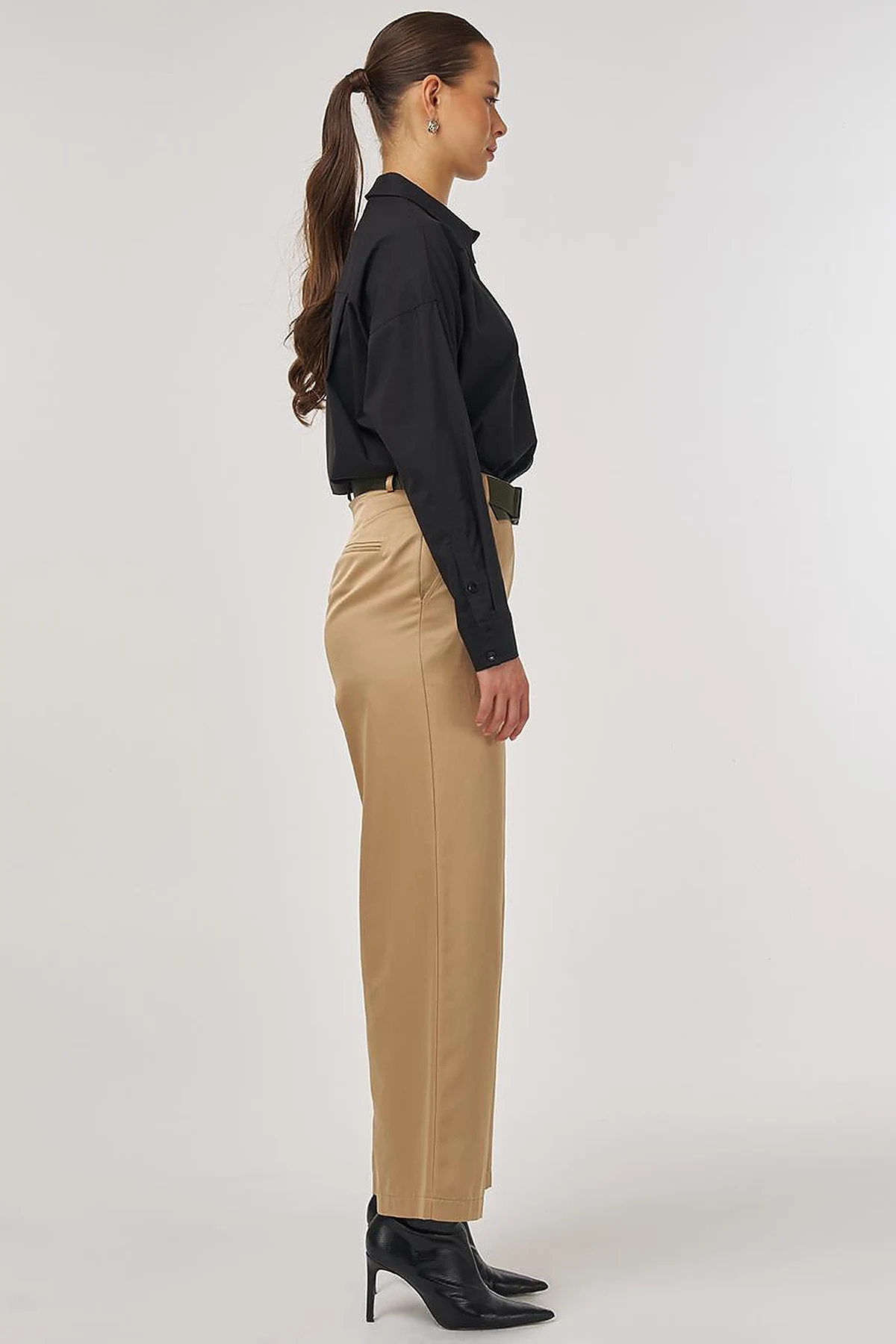 Wide-Leg Trousers with Belt Accessory Detail in Beige