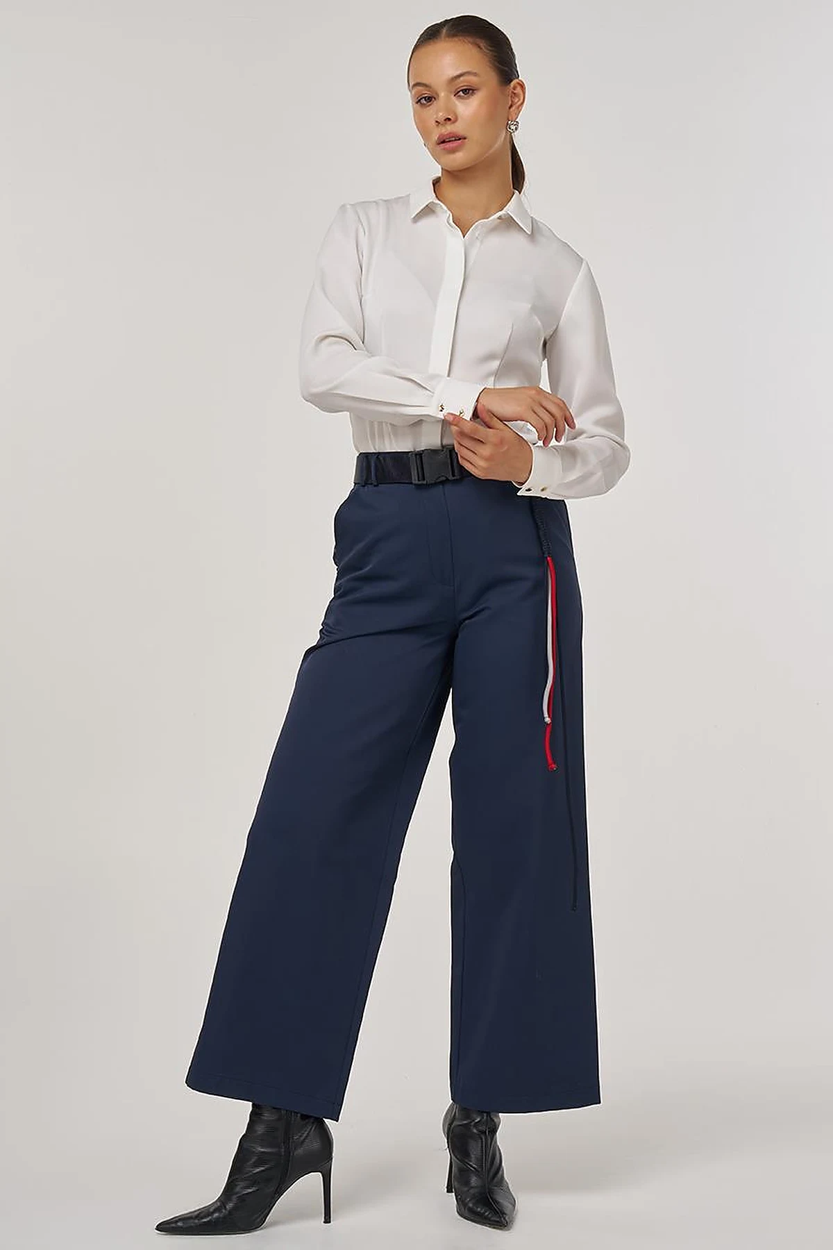 Wide-Leg Trousers with Belt Accessory Detail in Navy Blue