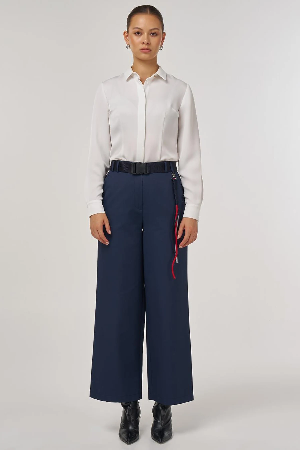 Wide-Leg Trousers with Belt Accessory Detail in Navy Blue