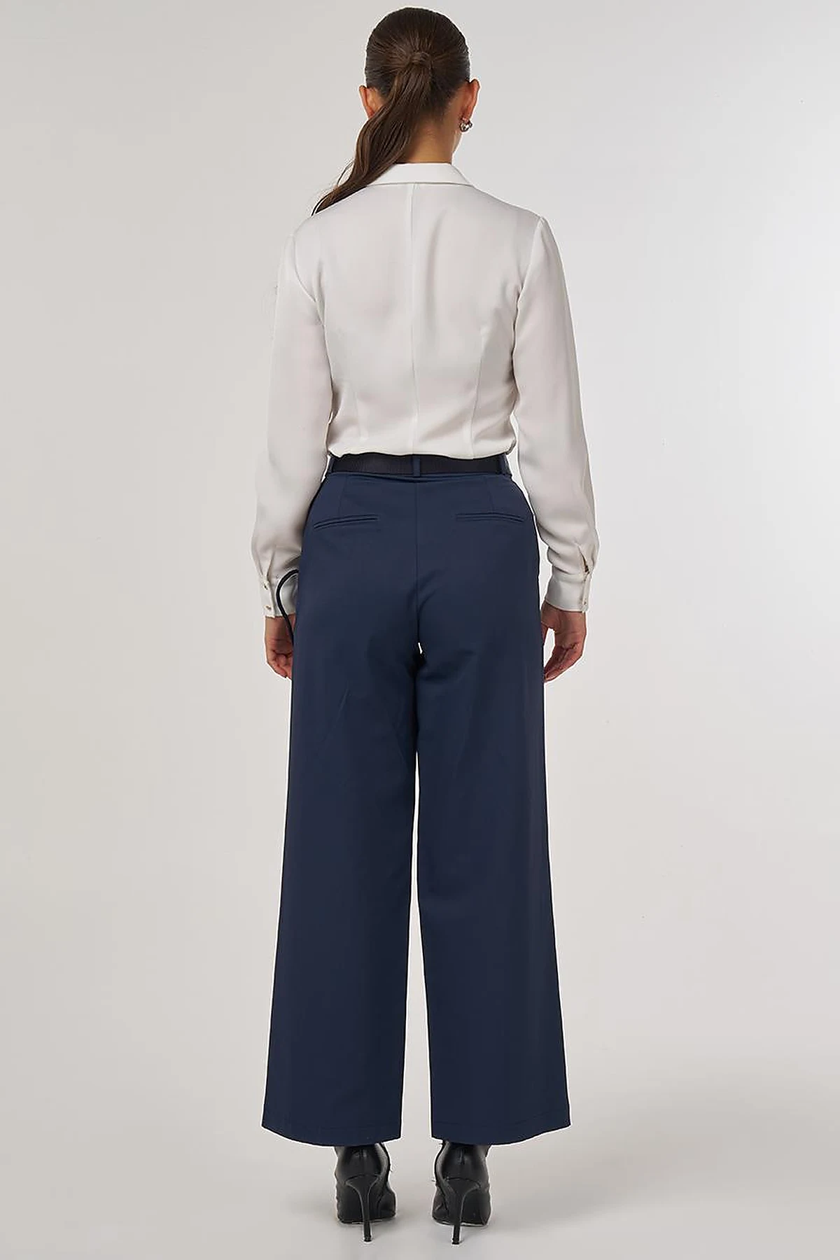 Wide-Leg Trousers with Belt Accessory Detail in Navy Blue