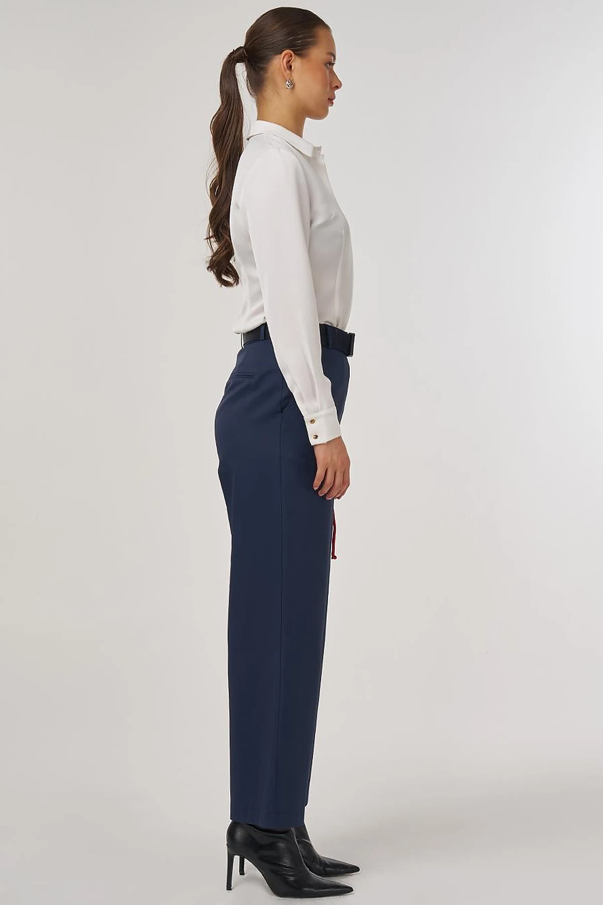 Wide-Leg Trousers with Belt Accessory Detail in Navy Blue