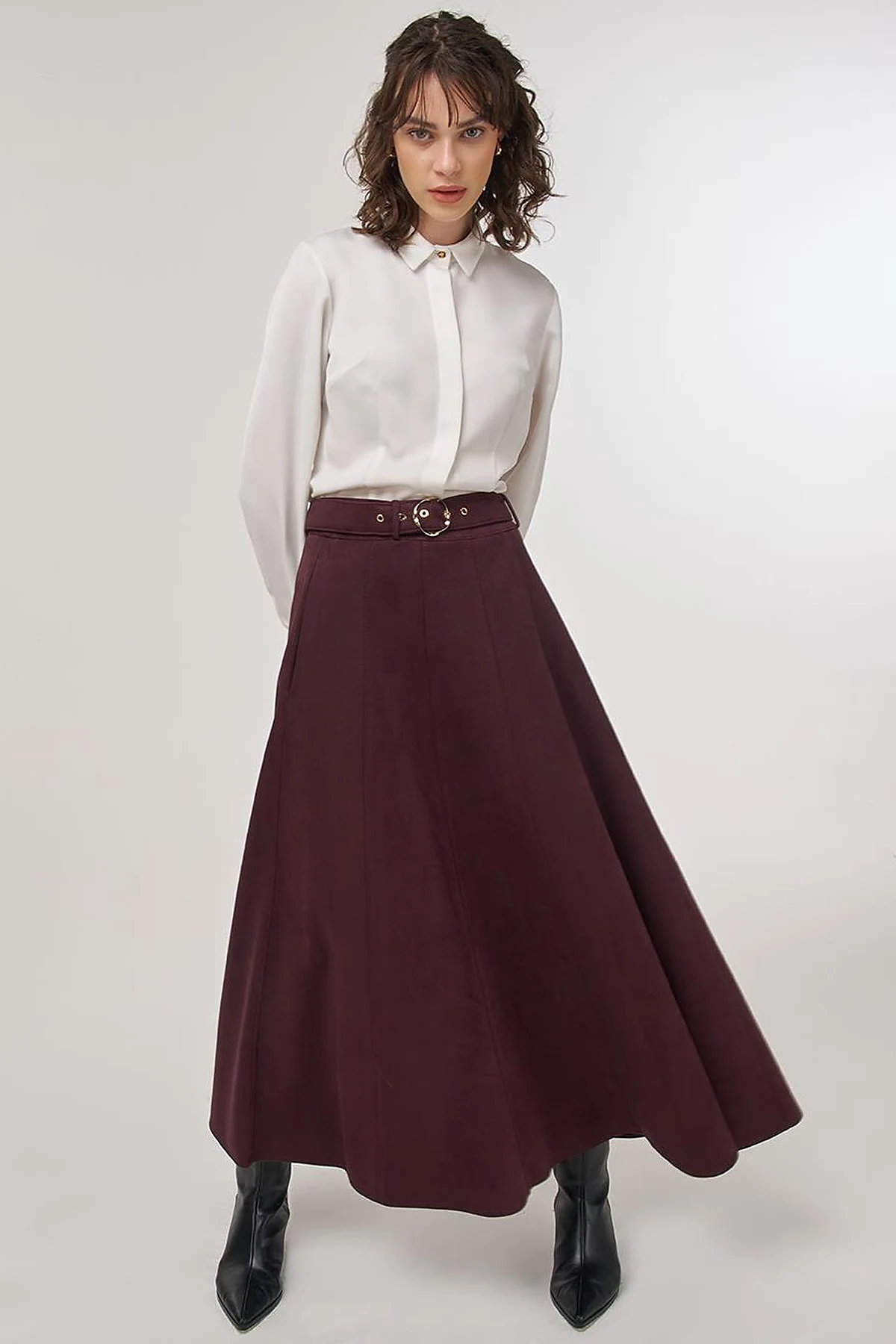 Flared Suede Skirt with Belt in Dark Burgundy
